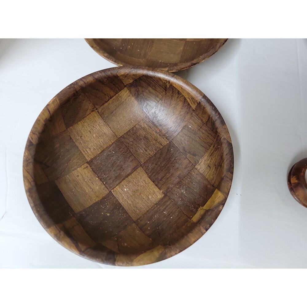 Vtg Mid-Century Wooden Weavewood Salad Brown Partial Bowl Set Kitchen Decor - Picture 3 of 10